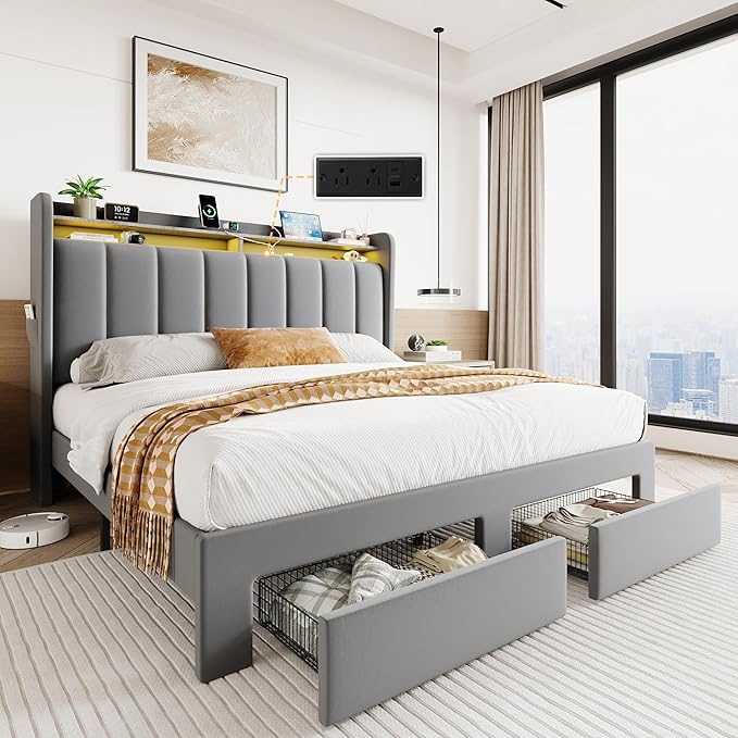 SHA CERLIN Velvet Queen Bed Frame with Vertical Channel Tufted Wingback Headboard & 2 Storage Drawers/2-Tier Shelves with LED Lights & Charging Station/Noise-Free/No Box Spring Needed/Light Grey