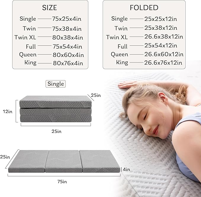 MLILY Tri-Fold Memory Foam Topper, 4 inch Single Folding Mattress Topper with Collapsible and Washable Cover, Travel and Guest Mat, 75"×25"×4", Grey