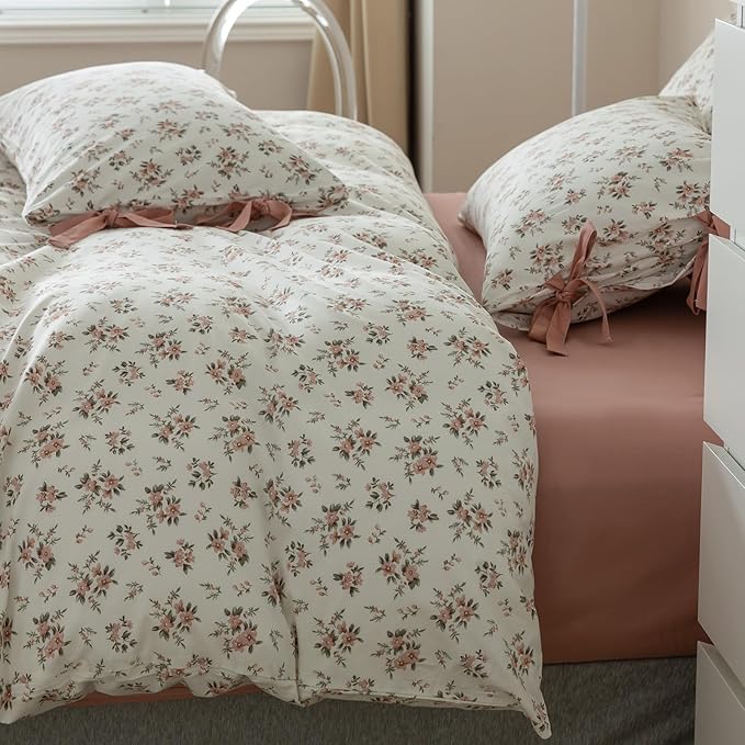 VM VOUGEMARKET Pink Flower Duvet Cover Set Twin 3 Pieces Girls Cottagecore Bedding Set 100% Cotton Peach Floral Comforter Cover with Zipper Closure,Vintage Country Bedding-68x86 Inch
