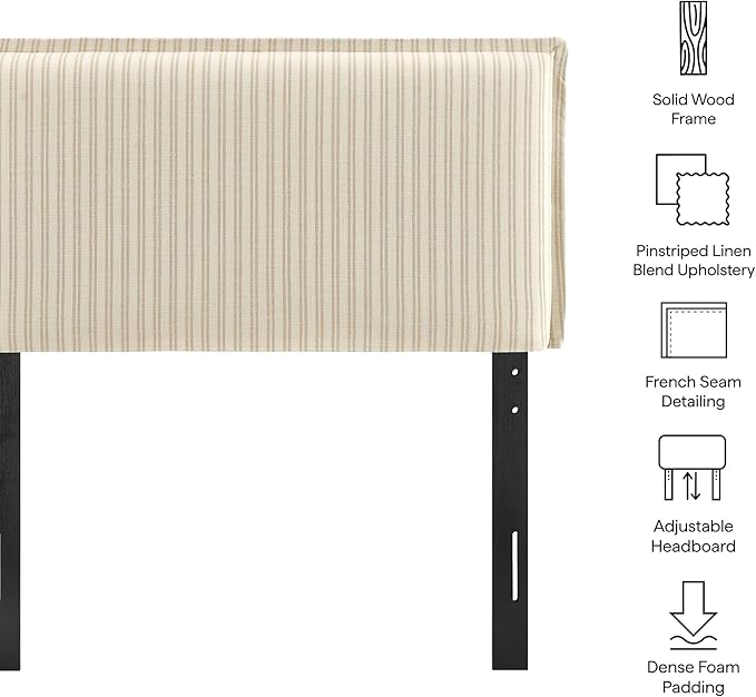Modway Camille Twin Size Striped Linen Blend Pinstripe Headboard with Removable Slipcover – in Oatmeal Stripe - Padded Pillow Style Headboard with Adjustable Mounting for Twin Beds