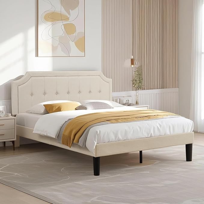 VECELO Full Size Platform Bed Frame with Fabric Upholstered Headboard and Wooden Slats Support, No Box Spring Needed/Easy Assembly,Light Beige