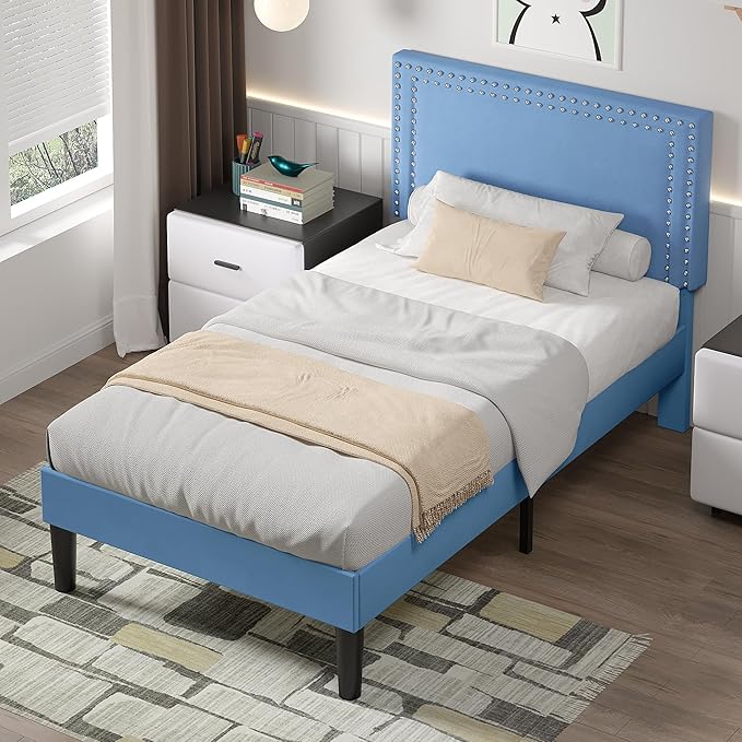 VECELO Twin Size Platform Bed Frame with Height Adjustable Upholstered Headboard, Modern Mattress Foundation,Strong Wood Slat Support, No Box Spring Needed, Easy Assembly, Light Blue