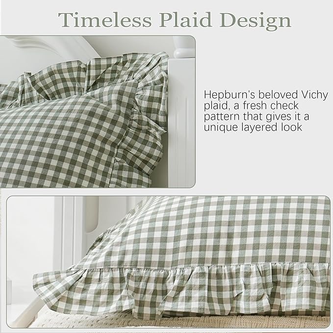 2 Pack Sage Green White Plaid Ruffle Pillow Shams Standard Size 20x26 inches, 100% Cotton Gingham Checkered Farmhouse Pillowcases for Bed/Sofa (20x26 inches, Sage Green/White Plaid)