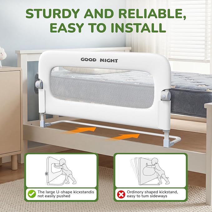 Bed Guard Rail for Toddlers - 47" Adjustable Heights & Folding up Portable Bed Railing for Baby - Toddler Bed Rails Guard for Crib, Twin, Bunk,Full Size, Queen & King Bed (White)