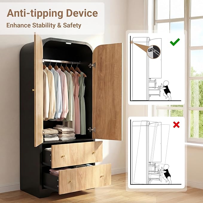 INNOVAR Arched Armoire Wardrobe Closet with 2 Doors,70" Tall Wardrobe Cabinet with 2 Drawers and Hanging Rod,Freestanding Wooden Bedroom Armoires for Bedroom,Gym,Cloak Room,Natural & Black