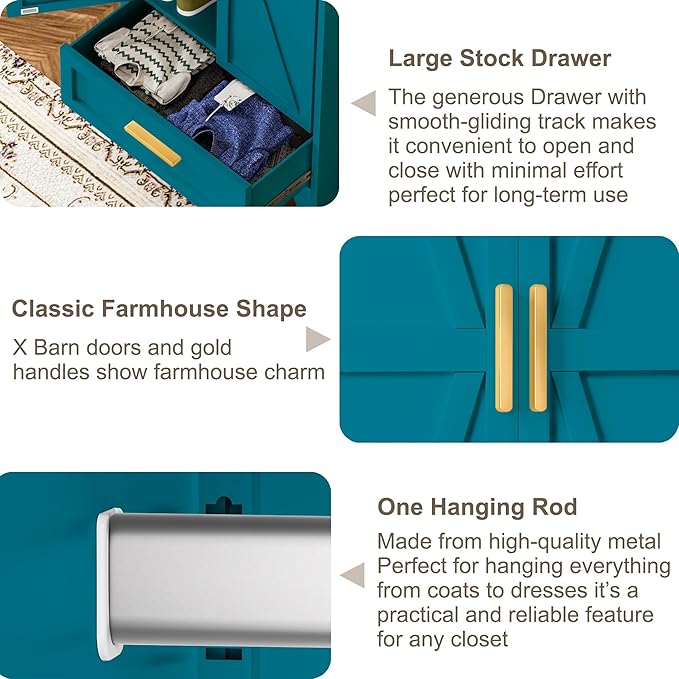Baborokic Metal Wardrobe Cabinet with Hanging Rod, 71" Armoire Wardrobe Closet with 2 Drawers,Farmhouse Metal Clothing Storage Cabinets with Door and Adjustable Shelves for Bedroom,Laundry Room(Blue)
