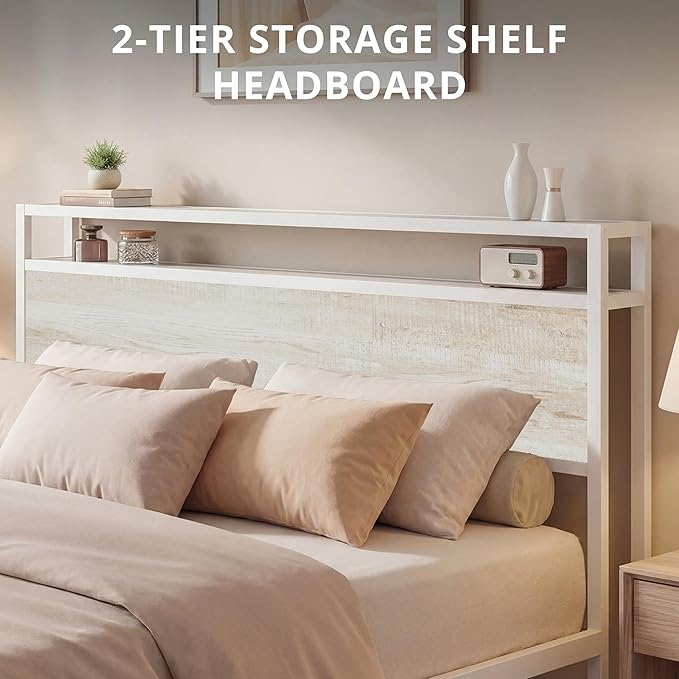 LIKIMIO Queen Bed Frame with Headboard, Wood Camas Queen with Strong Supports, Sturdy, Noise-Free, No Box Spring Needed, White Maple