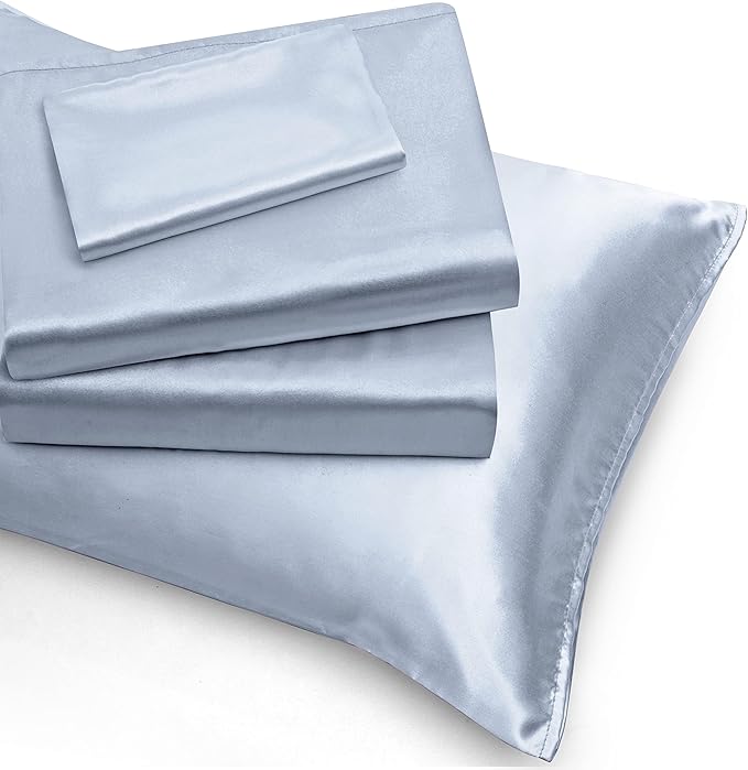 Homiest 4pcs Extra Deep Pocket King Size Bed Sheets, 18-24 Inch Deep Pocket, Baby Blue Satin Sheet Set, Luxury Fitted Sheet Set Fits Ultra Deep Mattress