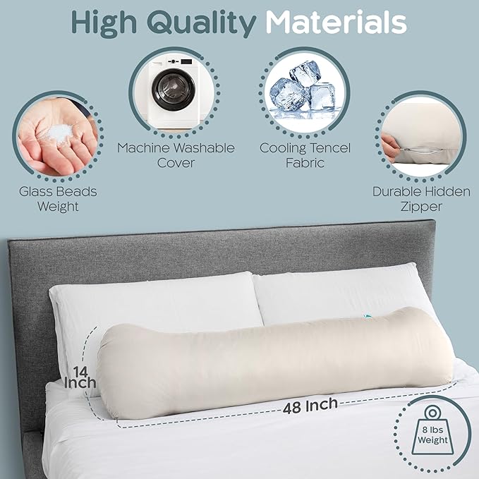 SleepCloud Weighted Body Pillow 8lbs - Weighted Pillow for Deeper Sleep (48" x 14") - Cooling Body Pillows for Adults, Side Sleeper Body Pillows with Cover (X-Large/Champagne)