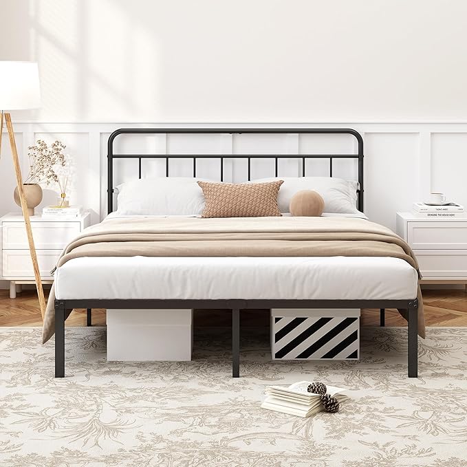 Kujielan 12 inches King Size Bed Frame with Minimalist headboard,Metal Platform Base with Strong Metal Slats,Mattress Foundation for Under Bed Storage,Easy Assembly,Black