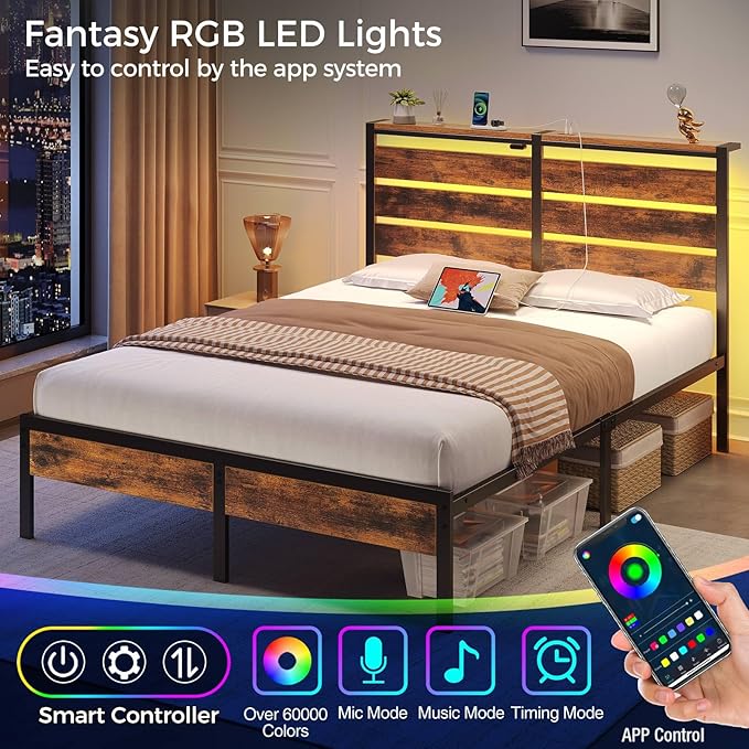 Rolanstar Bed Frame Queen Size with USB Charging Station, LED Bed Frame with Wood Storage Headboard, Rustic Brown Metal Platform Bed with Under Bed Storage, No Box Spring Needed, Noise Free