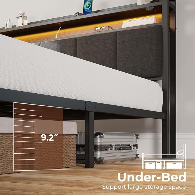 Rolanstar Queen Bed Frame with LED Lights, Upholstered Headboard, Charging Station, Storage Shelves, Heavy Duty Metal Slats, No Box Spring Needed, Noise Free, Easy Assembly, Grey