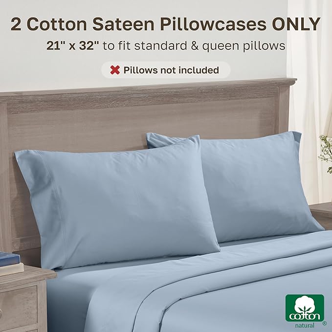 Luxuriously Soft Premium 600 Thread Count, 100% Cotton Set of 2 Cases, Crisp Pillowcases Standard Set of 2 Fits Standard & Queen Pillows (Blue)