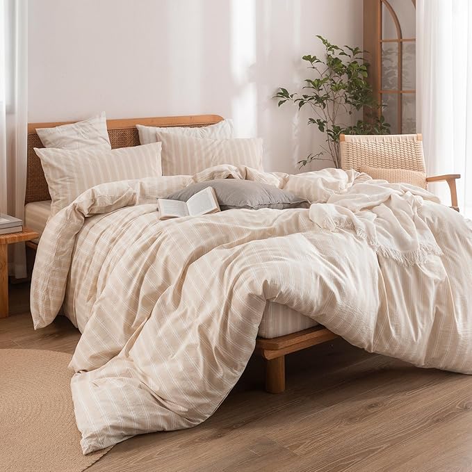 BESTOUCH Duvet Cover Set 100% Washed Cotton Linen Feel Super Soft Comfortable Chic Lightweight 3 PCs Home Bedding Set Almond Grey & White Stripes Queen