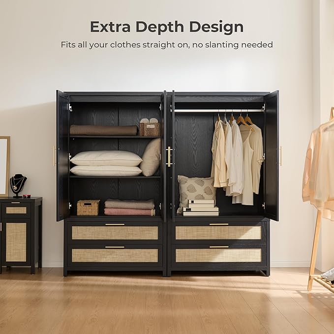 SICOTAS Larger Armoire Wardrobe Closet, 71" Tall Rattan Wardrobe Closet Cabinet with Storage and 2 Drawers, Boho Armoire Clothes Organizer with Hanging Rod for Bedroom, Black Oak (2 PCS)