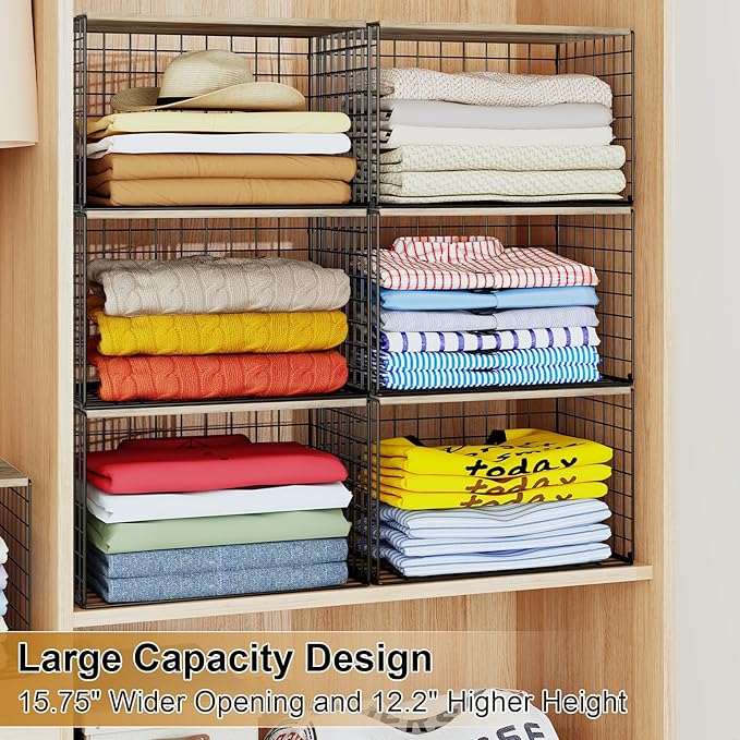 4PCS Wider Closet Organizers and Storage, Stackable Closet Shelf Organizer Storage Bins with Wood Top for Sweaters Jeans, Clothes Organizer Shelves for Wardrobe System Rack, Space-Saving,Sturdy Metal