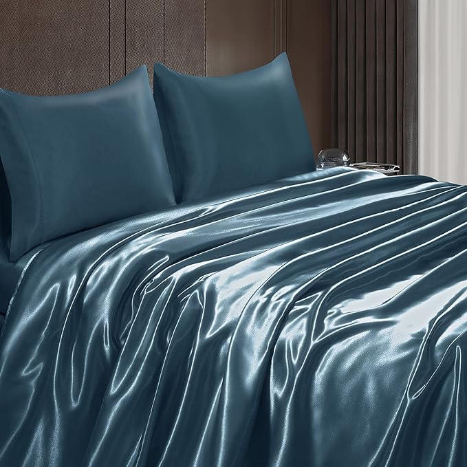 Homiest 4pcs Satin Sheets Set Luxury Silky Satin Bedding Set with Deep Pocket, 1 Fitted Sheet + 1 Flat Sheet + 2 Pillowcases (Full Size, Deep Sea Blue)