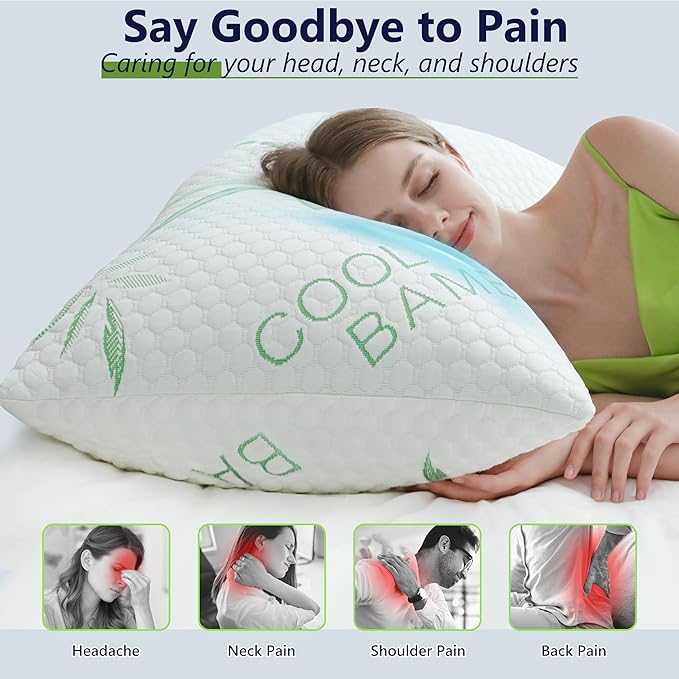 Shredded Memory Foam Pillow, Cooling Pillow King Size 1 Pack Adjustable Firm Bamboo Bed Pillow for Hot, Side, Back and Stomach Sleepers