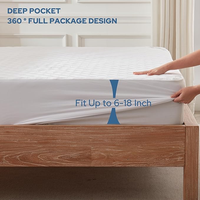 BEDLORE Waterproof Mattress Protector, Noiseless RV Queen Size Mattress Pad with Deep Pocket Fitted Up to 6-18 inches, Soft Breathable Dirt-Proof Bed Mattress Cover for Bedroom(White)