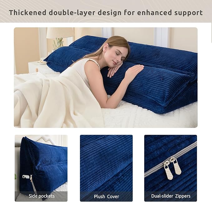 Zelladorra Wedge Pillow Headboard, Headboard Pillow Queen for Reading or Sitting, Bolster Pillow with Large Memory Foam, Removable Cover, Navy