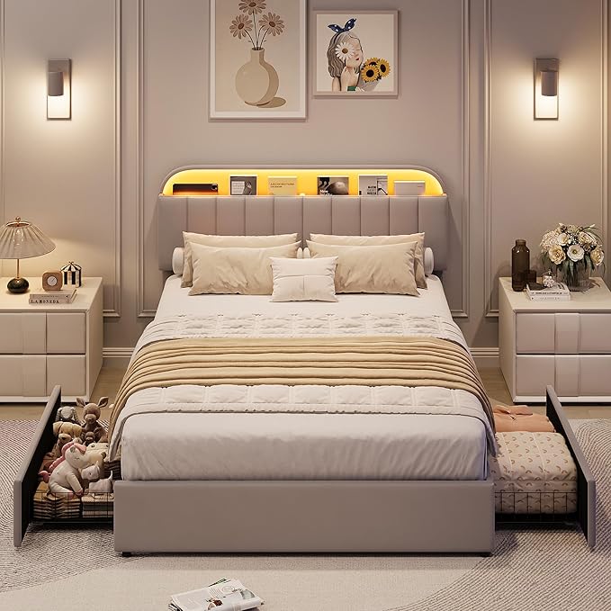 GarveeHome Full Bed Frame with Storage Headboard, Kids Bed Frame with 2 Drawers, Velvet Upholstered Platform Bed Frame with Lights, No Box Spring Needed, Easy Assembly, Velvet Grey