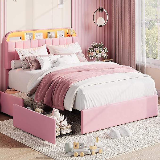 Garvee Queen Size Bed Frame with 2 Flexible Drawers, Velvet Upholstered Platform Bed Frame with Bookcase Headboard and LED Lights, Kids Bed for Girls, Easy Assembly, Noise Free, Pink