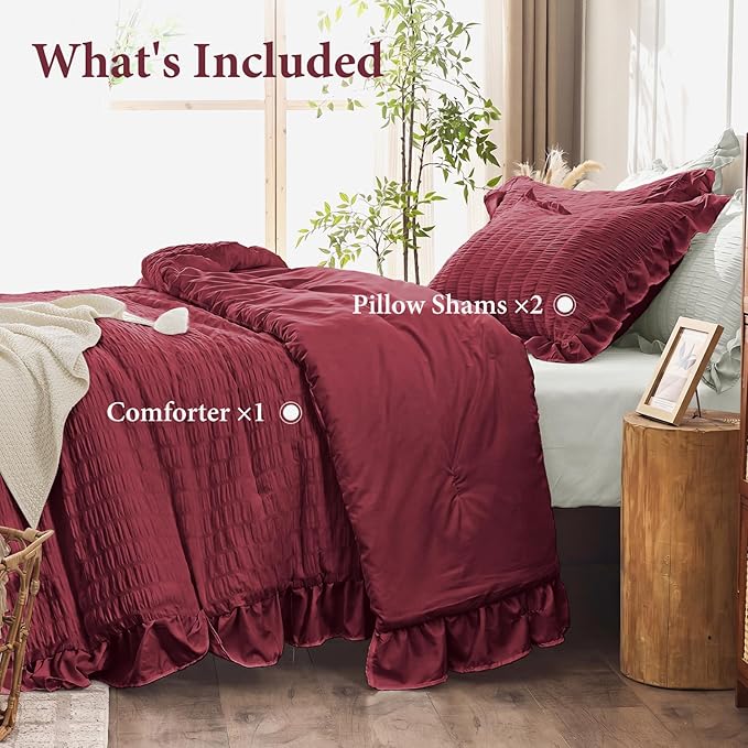 JOLLYVOGUE Full Size Comforter, 3 Pieces Burgundy Seersucker Lightweight Full Size Bedding, All Season Fluffy Microfiber Bedding Comforter Set with 1 Ruffle Comforter and 2 Ruffle Pillowshams