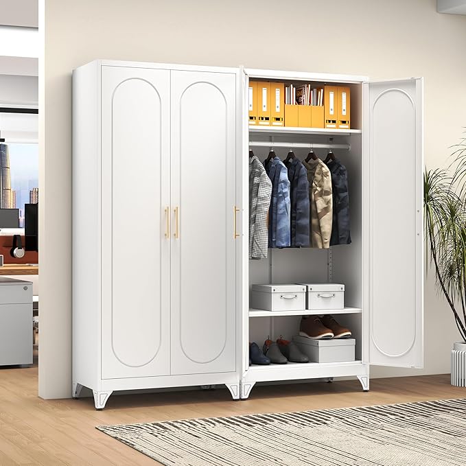 Polup Metal Wardrobe Cabinet for Hanging Clothes, 71" Tall Armoire Wardrobe Closet with Hanging Rod, White Clothing Storage Cabinet with Doors and Shelves, Large Closet for Bedroom-Assemble Required