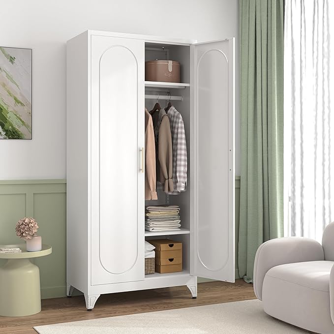Metal Wardrobe Cabinets,White Armoire Wardrobe Closet with Hanging Rod,Clothes Storage Cabinet with Adjustable Shelves and Doors,Clothing Cabinet for Bedroom, Office, Laundry Room