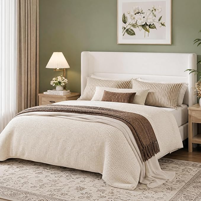 Garvee Queen Size Bed Frame with Wingback Headboard, Velvet Upholstered Platform Bedframe with Wood Slats, No Box Spring Needed, Easy Assembly, White