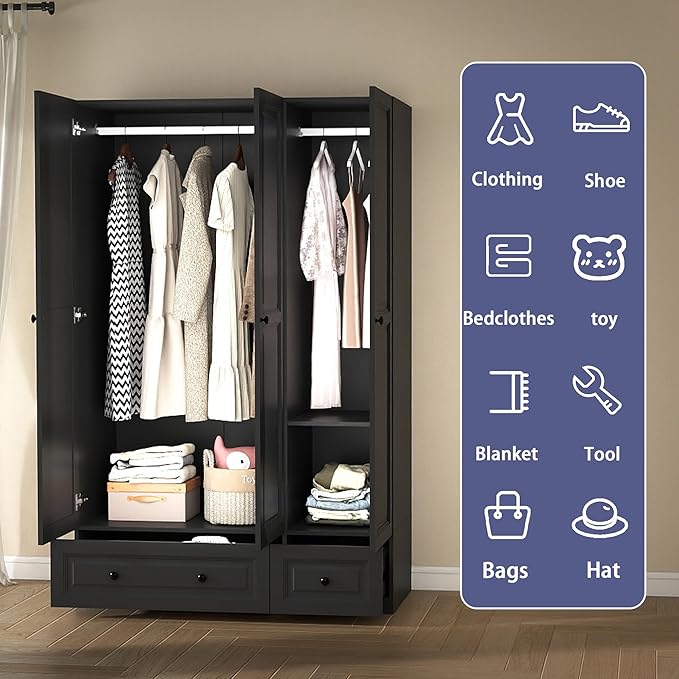 Armoire Wardrobe Closet with Drawers: 74" Black Wardrobe Close with 3 Doors, Tall Armoire with Hanging Rod, Large Wood Clothes Cabinet for Bedroom (Black, 47") (Black, 47")