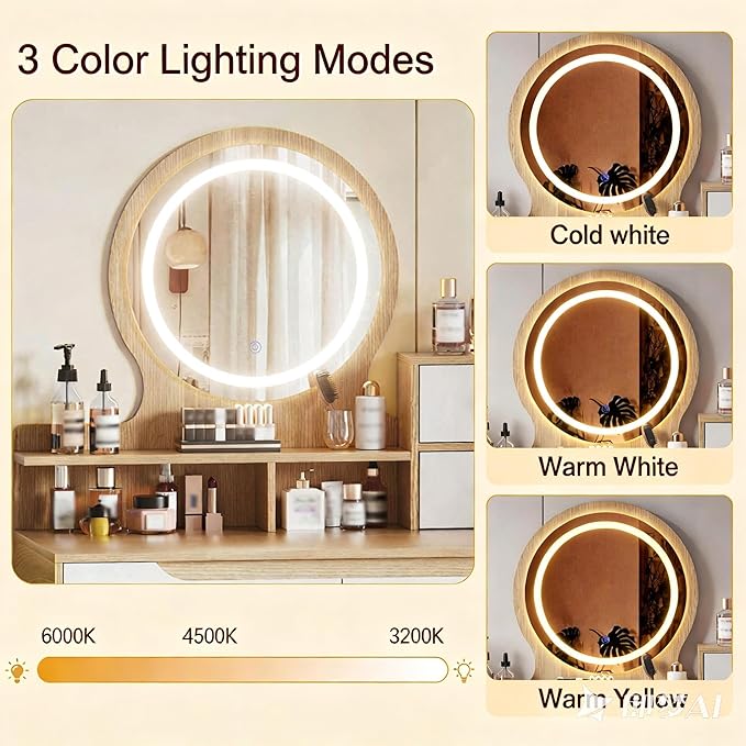 Casaphoria Makeup Vanity Desk with LED Mirror & Storage, 31.5 Inch Dressing Table with 4 Drawers, 3 Open Shelves, Solid Wood Legs for Bedroom, Small Space Vanity Table