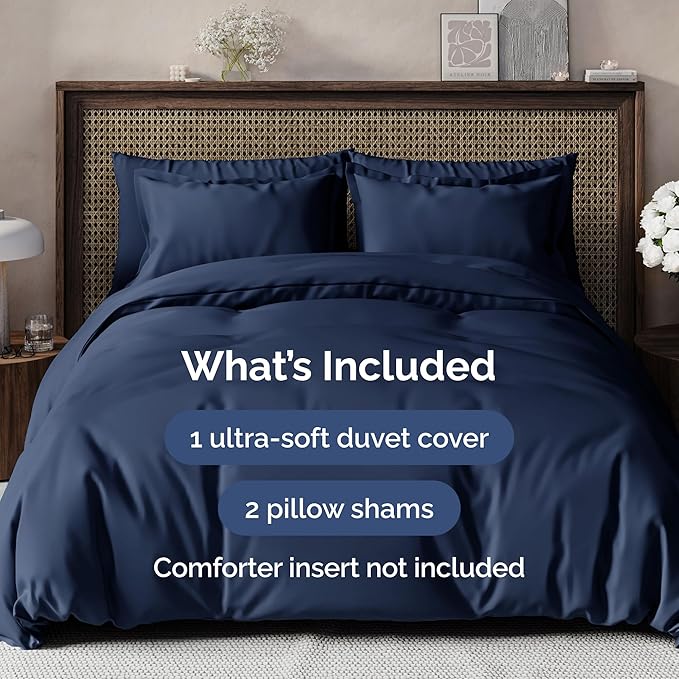 Duvet Cover Queen Size Set - Extra Soft Queen Duvet Cover 90" x 90" with 2 Pillow Shams - Hotel Luxury, Easy Care & Fade Free w/Zipper Closures & Ties - All Season, Comfy and Breathable (Navy Blue)