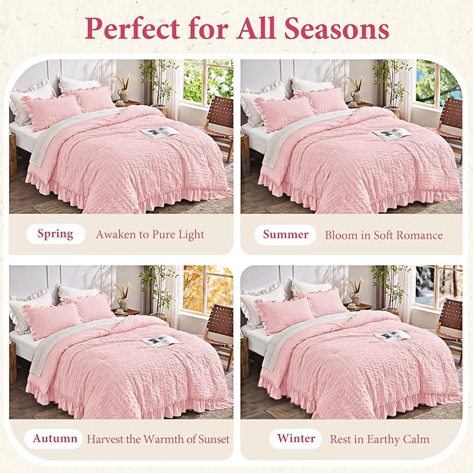 JOLLYVOGUE Pink Seersucker King Comforter Set, 3 Pieces Bed in a Bag Comforter Set, Lightweight & Fluffy Bedding Sets King for All Season with 1 Ruffle Comforter and 2 Ruffle Pillowshams