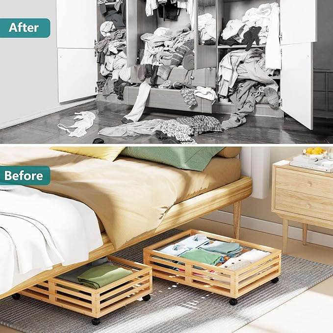 Wisuce Bamboo Under Bed Storage Containers- Underbed Organizer with Wheels with Dust Bag,Sturdy Wood Rolling Under the Bed Shoe Storage Organizer Drawers (Nature, 2 Pack (23.62"×16.54"))