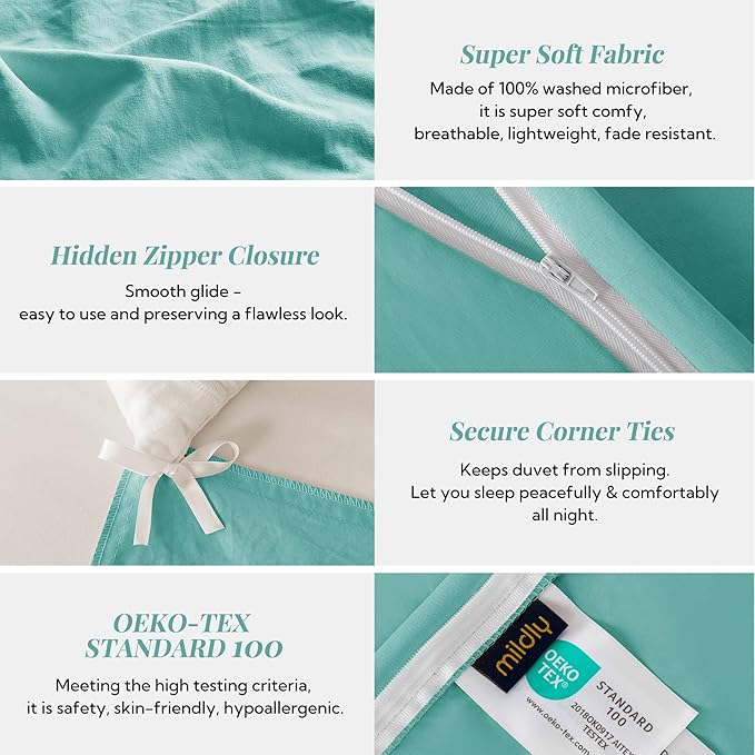 MILDLY Super Soft Duvet Cover - 100% Washed Microfiber Turquoise Comforter Cover Set 3 Pieces with Zipper Closure & Corner Ties (No Comforter)