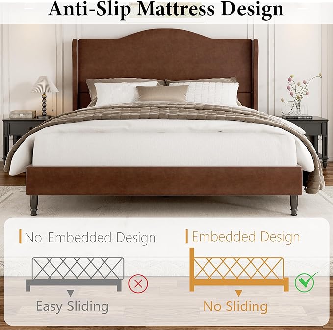 Queen Upholstered Bed Frame with Tall Headboard, Leather Platform Bed Frame with Wingback Sides, Wood Slats Support, Noise-Free Design, No Box Spring Required, Easy Assembly, Dark Brown