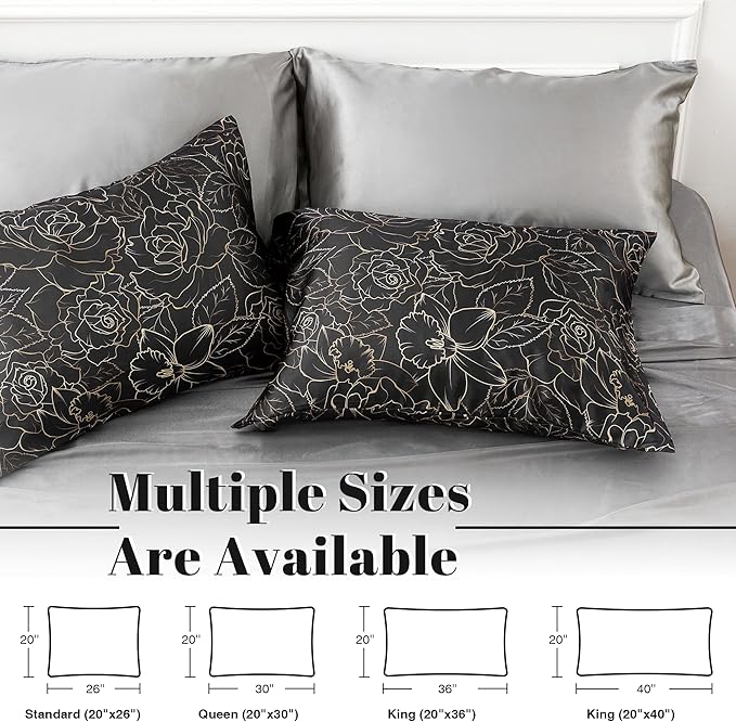 EXQ Home Satin Pillowcase for Hair and Skin Queen - Printed Rose on Black Silk Pillowcase 2 Pack 20x30 inches - Satin Pillow Cases Set of 2 with Envelope Closure, Gifts for Women Men