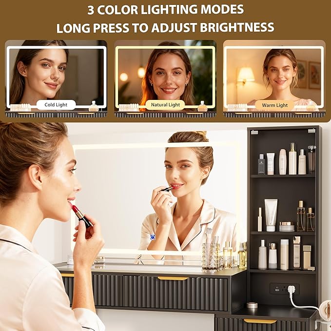 Garvee 48" Fluted Makeup Vanity Desk with Mirror and Lights, Glass Top Vanity Table with 5 Drawers, Open Shelf and Power Outlet, Modern Dressing Table for Bedroom and Living Room