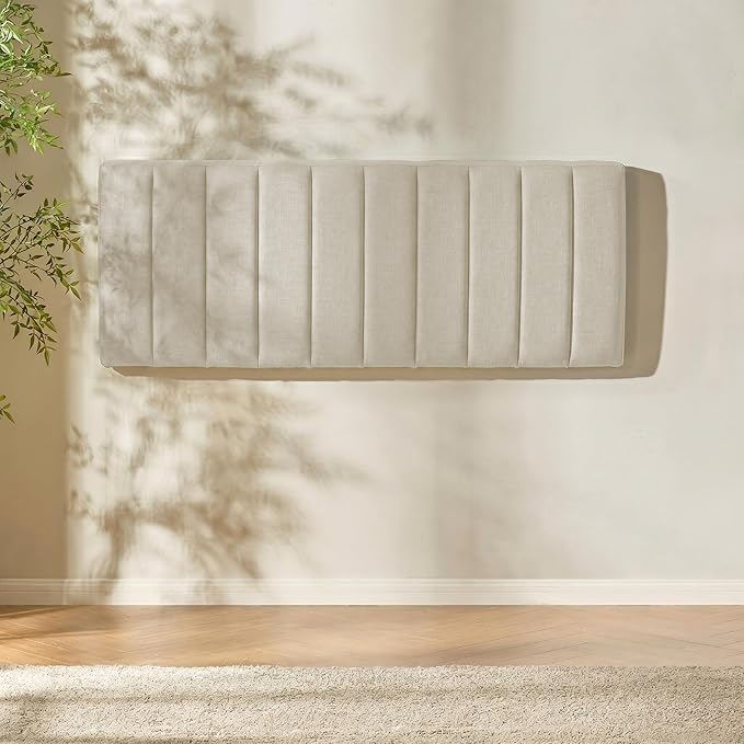 Hearth & Harbor Upholstered Queen Headboard - Easy Assemble Channel Stitched Headboard Queen Size - Wall Mounted Headboards with 3D Soundproof Wall Panels Peel & Stick Floating Headboards, Linen