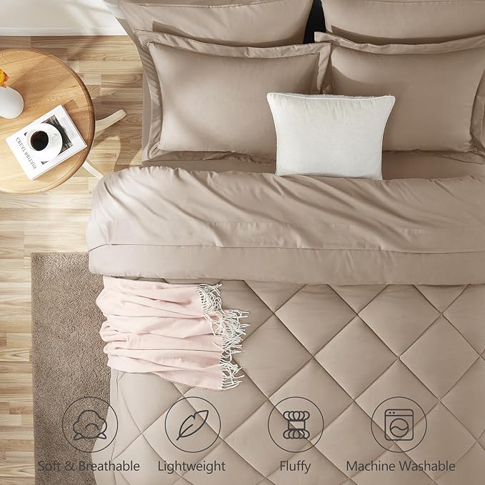 CozyLux Full Size Comforter Sets Wheat - 7 Pieces Bed in a Bag Full, Luxury Soft Bed Set for All Seasons, Bedding Set with Down Alternative Comforter, Sheets, Pillowcases & Shams
