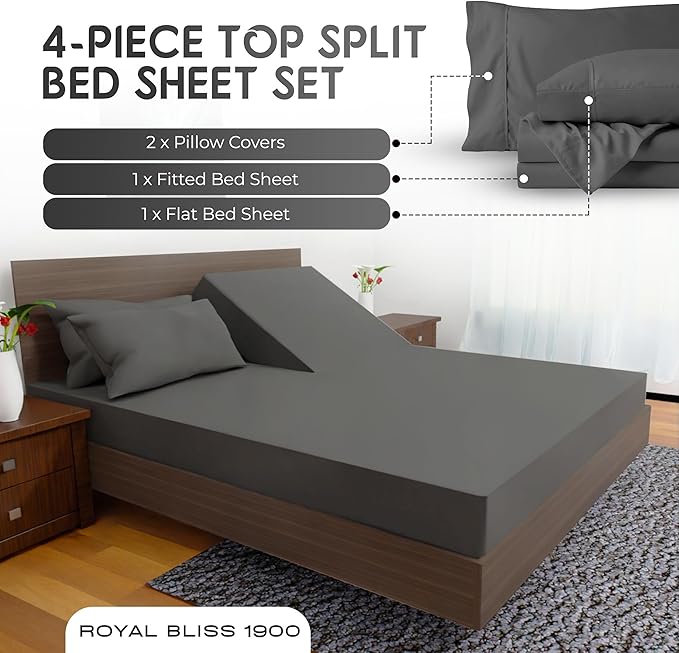 ROYAL BLISS TOP Split King Royal Collection 1900 Egyptian Cotton Bamboo Quality Bed Sheet Set with 1 Fitted Sheet with 36in Split TOP, 1 King Flat and 2 King P/Cases.No Wrinkle (Dark Gray)