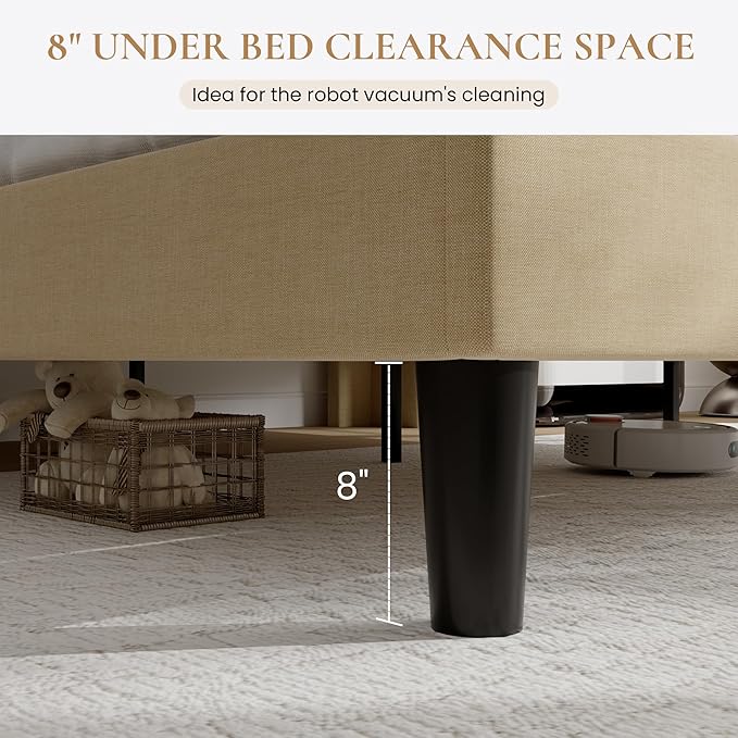 SHA CERLIN Queen Size Platform Bed Frame with Charging Station, Linen Wingback Headboard with Storage Shelf, Wooden Slats Support, Ample Under-Bed Space, No Box Spring Needed, Easy Assembly, Beige