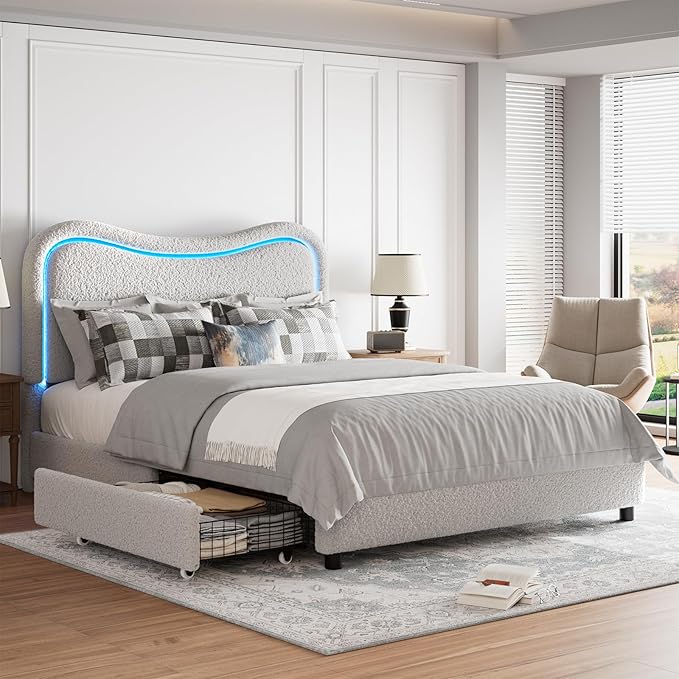 GarveeHome LED Full Size Bed Frame with 2 Drawers and Headboard, Cute Upholstered Bed with Storage, Sturdy Platform Bed, No Box Spring Needed, Wooden Slats, Noise Free, Grey