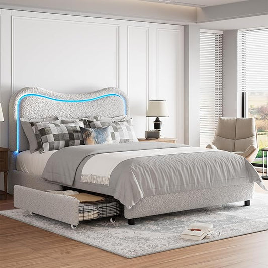 GarveeHome LED Full Size Bed Frame with 2 Drawers and Headboard, Cute Upholstered Bed with Storage, Sturdy Platform Bed, No Box Spring Needed, Wooden Slats, Noise Free, Grey