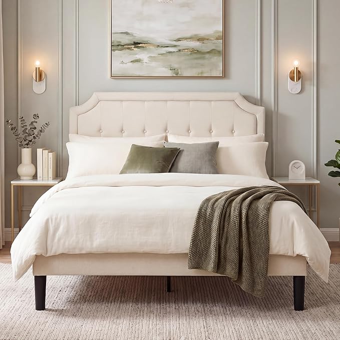 VECELO Full Upholstered Platform Bed Frame with Adjustable Button Stitched Panel Headboard,Strong Wood Slat Support,Velcro Design,Mattress Foundation/Easy Assembly,Beige