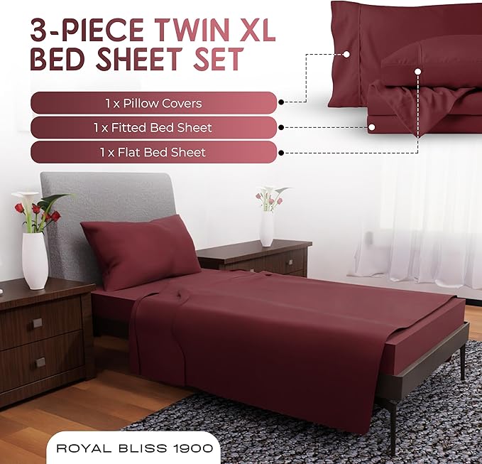 Twin XL Sheets Set - 3 Piece Bedding - Wrinkle Free, Fade Resistant, Double Brushed Microfiber - Deep Pockets/Easy Fit - 1800 Series Ultrasoft, Cooling Sheets (Burgundy)
