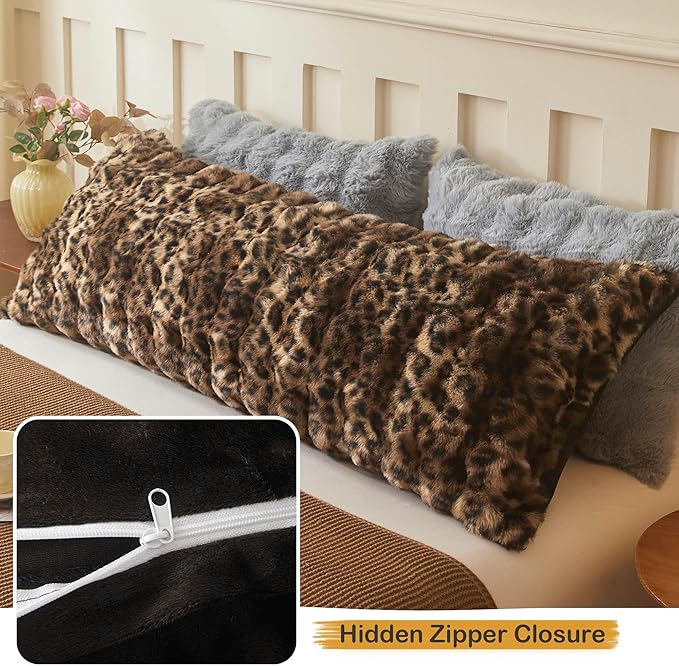 LIFEREVO Leopard Print Faux Rabbit Fur Body Pillow Cover, Cheetah Print Bubble 20 x 54 Bed Pillowcase with Zipper, Fuzzy Furry Farmhouse Long Pillow Case Pregnant Women Side Sleeper, Brown and Black