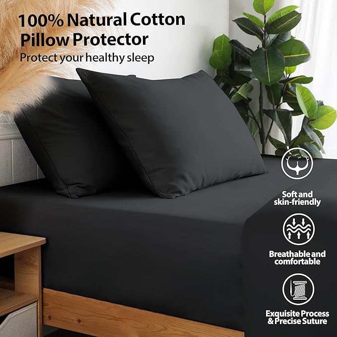 100% Cotton Classic Pillow Protectors with Invisible Zipper, 600 Thread Count Sateen Weave Soft and Breathable Pillow Cases, Protect Pillows from Dirt, Dust and Debris (Queen, 20"x30", Set of 2)