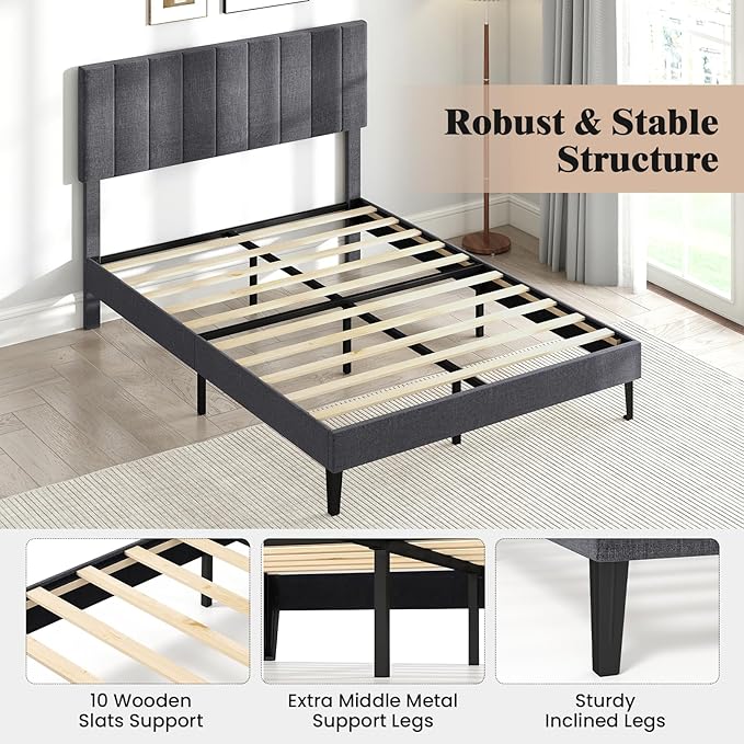 Giantex Full Size Upholstered Bed Frame, Platform Bed with Height Adjustable Vertical Channel Headboard, Wooden Slats Support Mattress Foundation, No Box Spring Needed, Noise Free, Grey